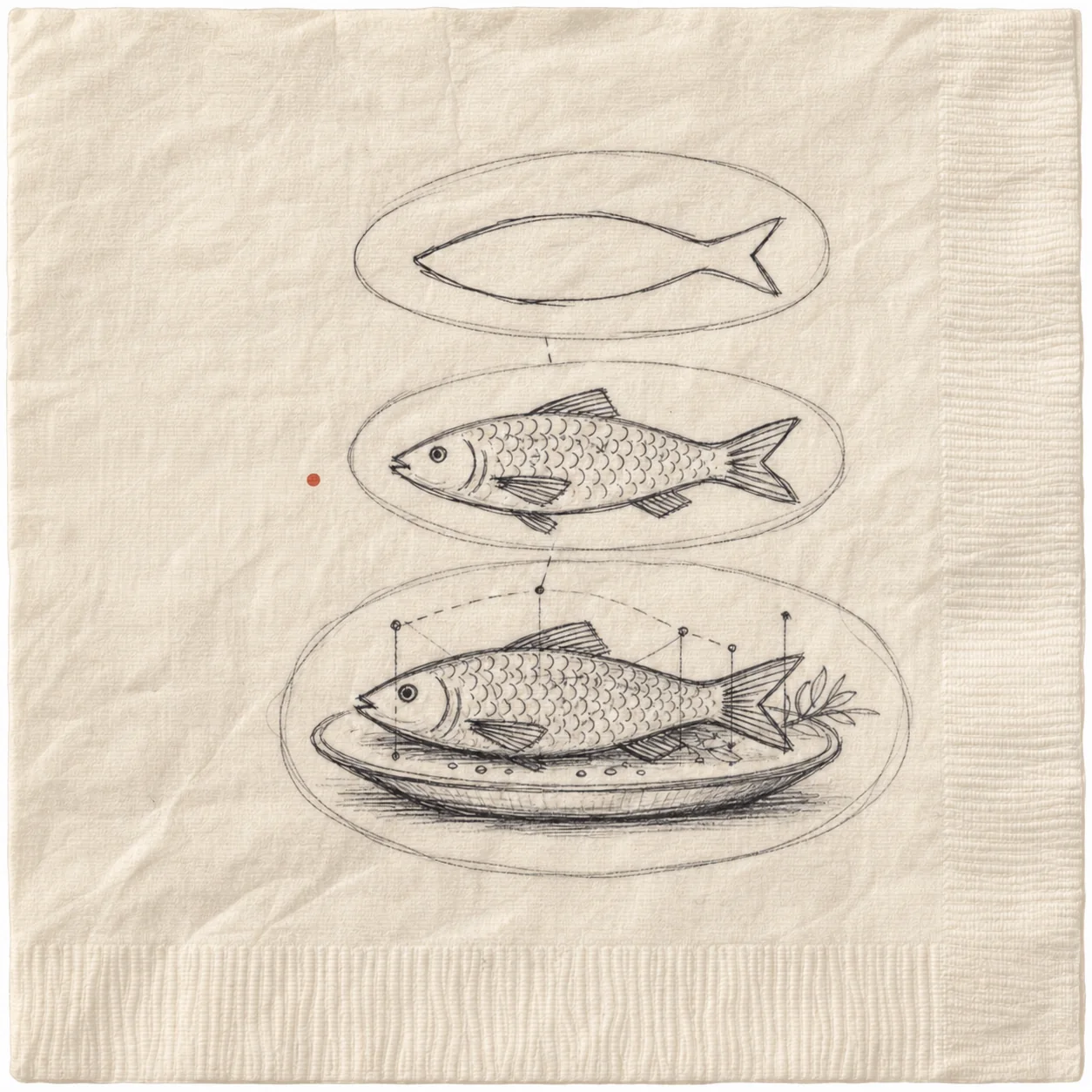 A rough napkin drawing showing the same fish in three progressively more detailed observations.